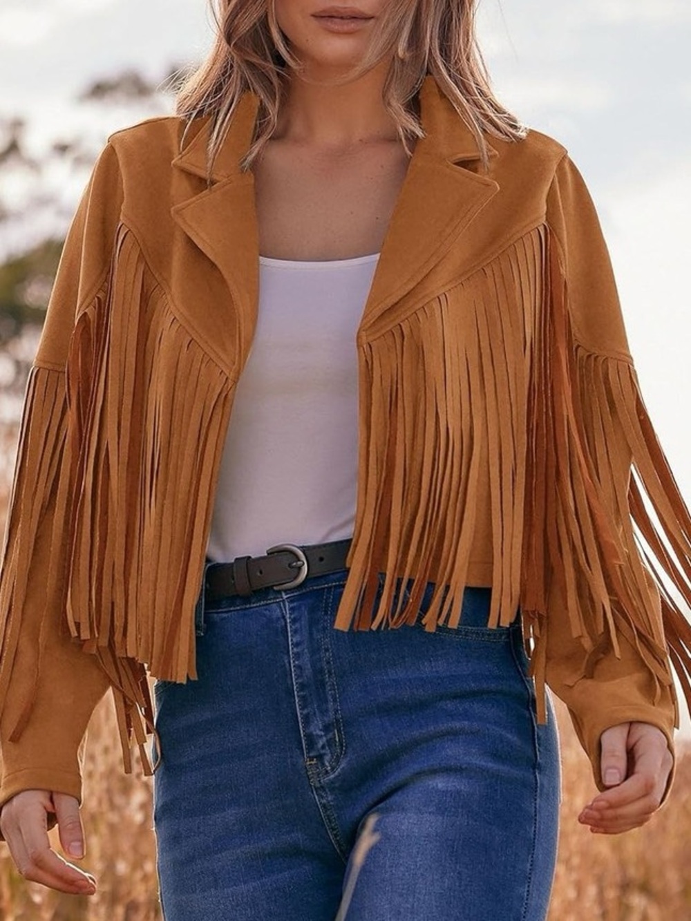NWT Women's Tan Fringe Suede Leather Jacket Size Medium